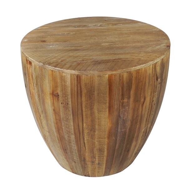 26 Inch Side End Table， Recycled Fir Wood， Round Drum Shape， Walnut Brown