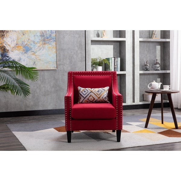 Modern Armchair Living Room Linen Fabric Padded Seat Accent Chair Removable Cushion Seat with Nailheads and Solid Wood Legs