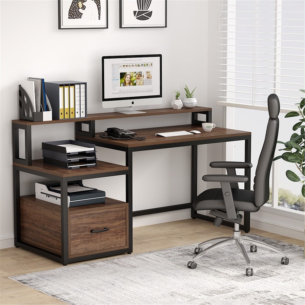 59'' Computer Desk with Drawer  Storage Shelves and Monitor Stand