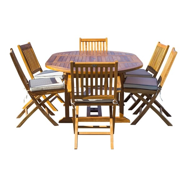 Seven Seas Teak 7 Piece Teak Wood San Diego Patio Dining Set with Round to Oval Extension Table，2 Arm Chairs and 4 Side Chairs