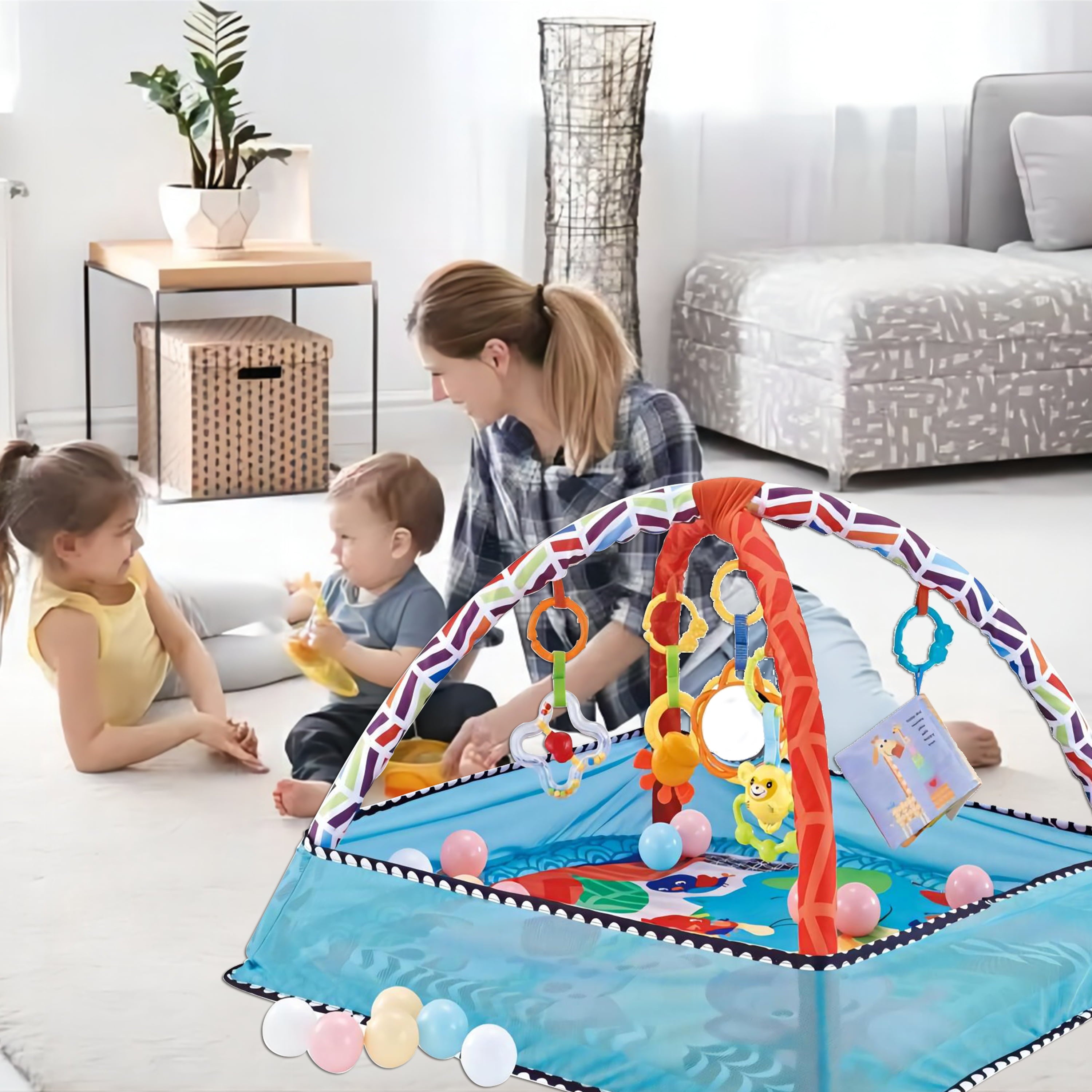 Baby Plays Mat Gym Activity Play Mat with 5 Hanging Toys and 18 Balls Infant Floor Crawling Mat Play Gym for Kids Boys and Girls