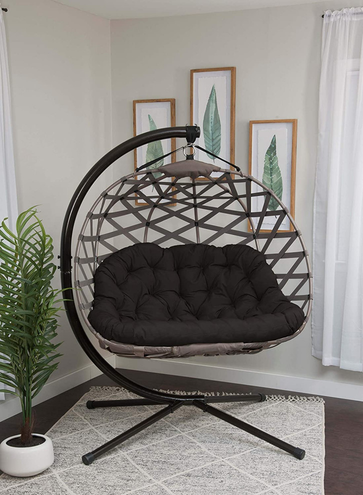 Hanging Porch Loveseat Swing  Sand Cover and Washable Black Cushion   Modern   Hammocks And Swing Chairs   by Decor Love  Houzz