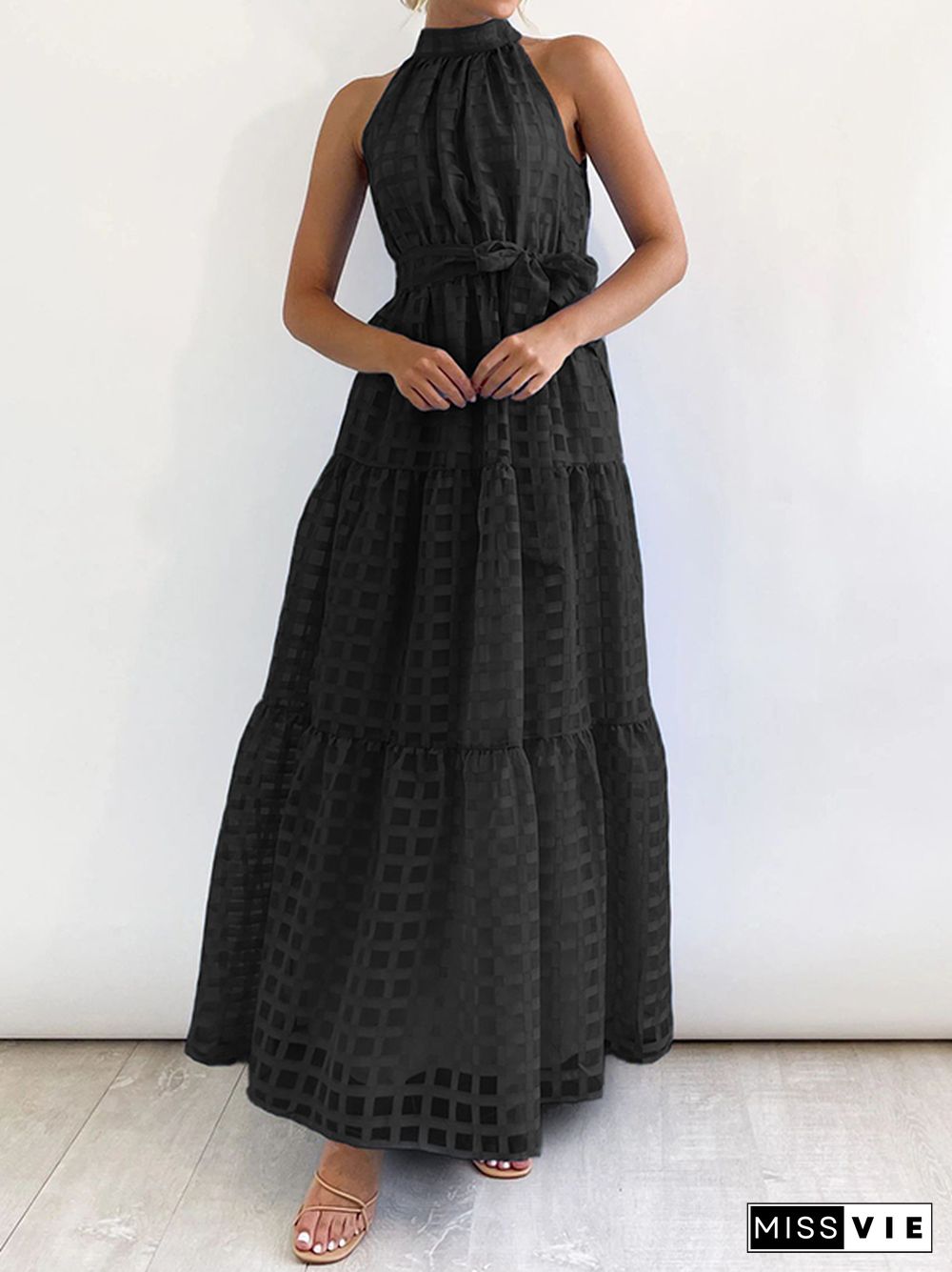 Loose Sleeveless Plaid Ribbed Stand Collar Maxi Dresses