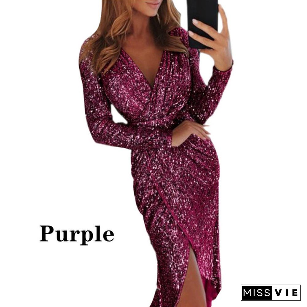 Midi Mini Fashion Women Sexy Club Dress Gift Lady Large Evening Dress Sexy Lady Sequin V-Neck High Open Wrap Dress Plus Size S-Xxxl