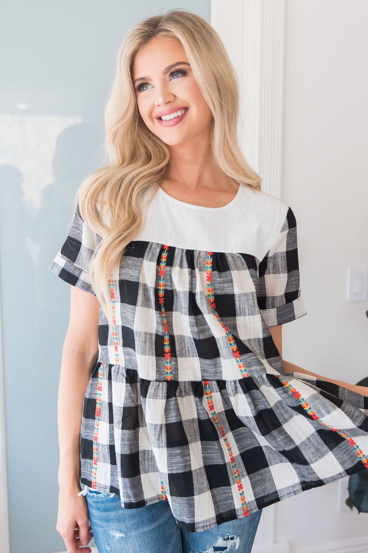 Playful Plaid Modest Blouse