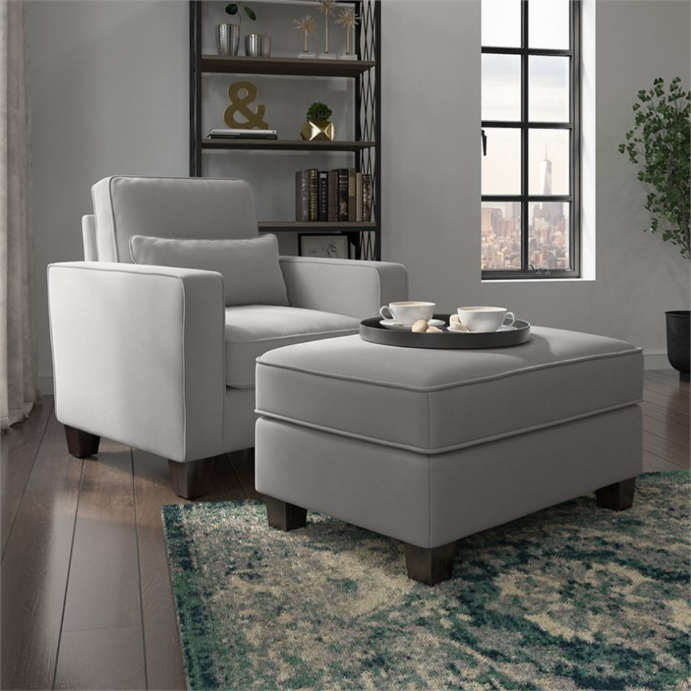 Pemberly Row Accent Chair with Ottoman Set in Light Gray Microsuede Fabric   Transitional   Armchairs And Accent Chairs   by Homesquare  Houzz