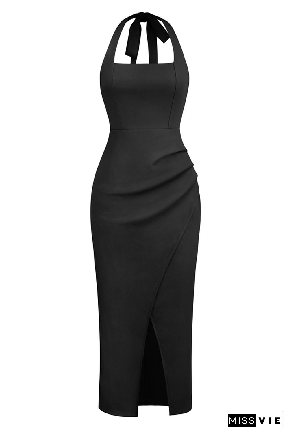 Halter Backless Ruched High Split Midi Dress