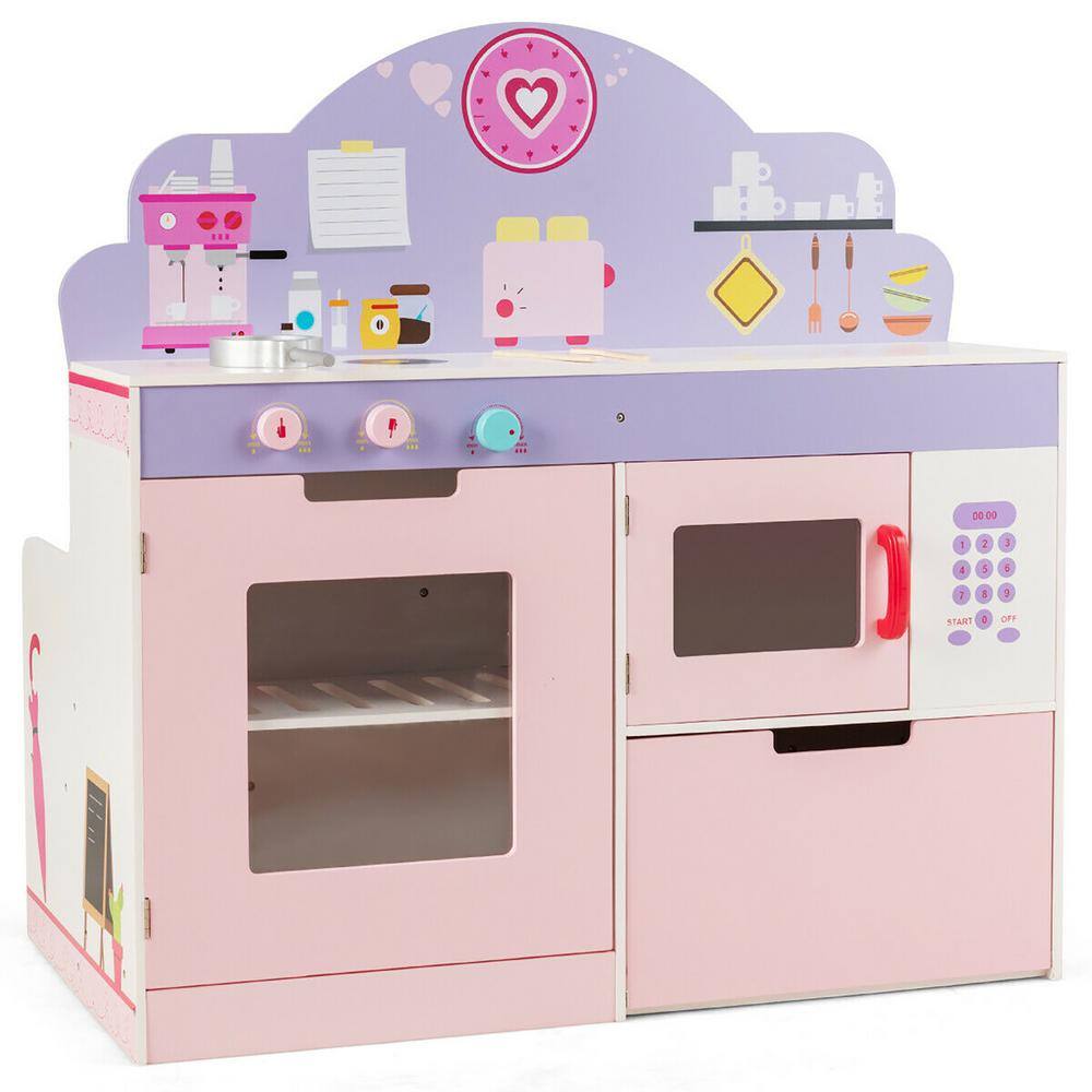 Costway 2-in-1 Kids Play Kitchen and Cafe Restaurant Wooden Pretend Cooking Playset Toy Pink HW64637