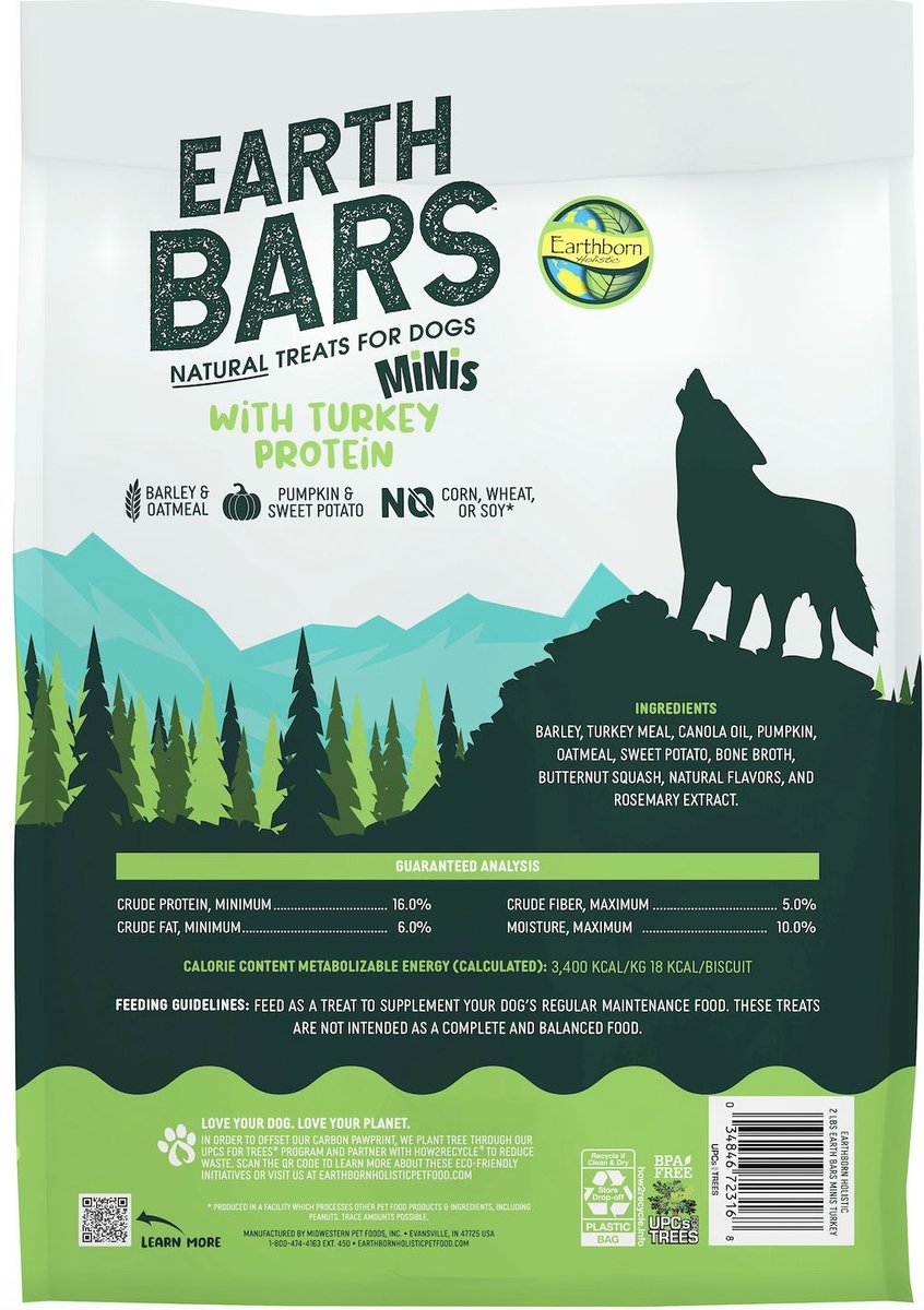 Earthborn Holistic EarthBars Minis with Turkey Protein Natural Dog Biscuit Treats， 2-lb bag