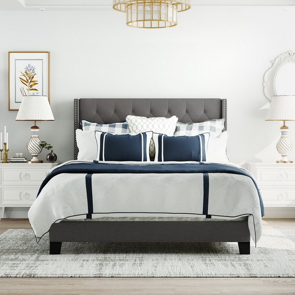 Upholstered Platform Bed with Classic Headboard  B...