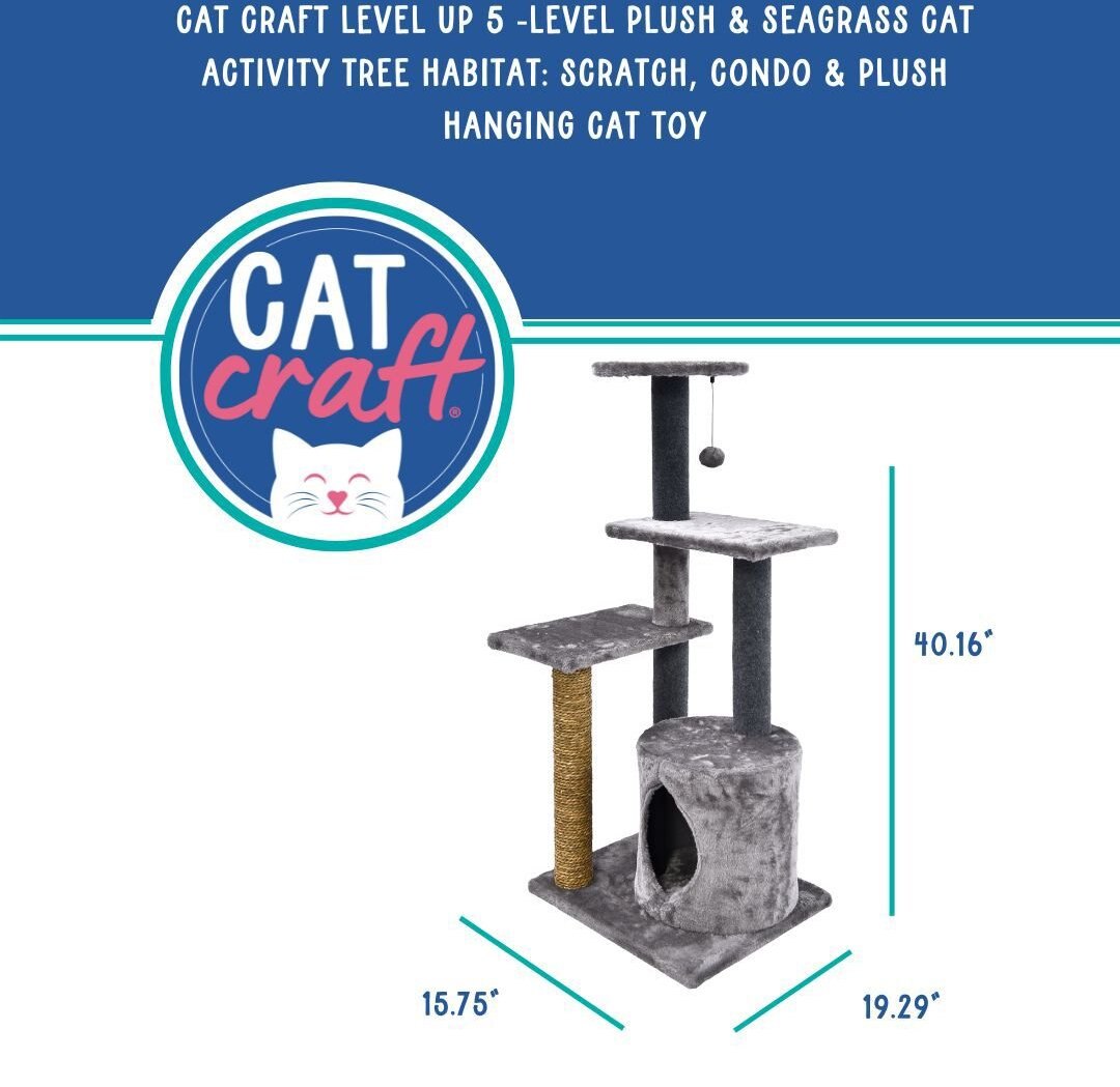 Cat Craft Level Up 5 Tier Plush and Seagrass Activity Cat Tree Habitat， Gray， Large