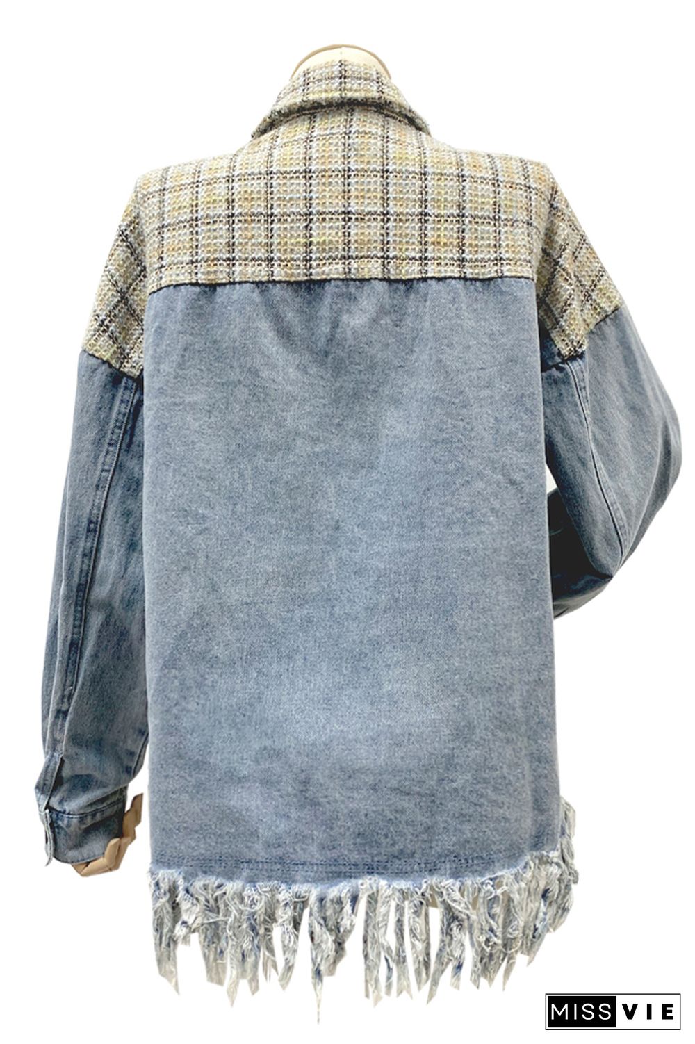 Lt Blue Ripped Denim Splicing Knit Plaid Pocketed Oversized Jackets