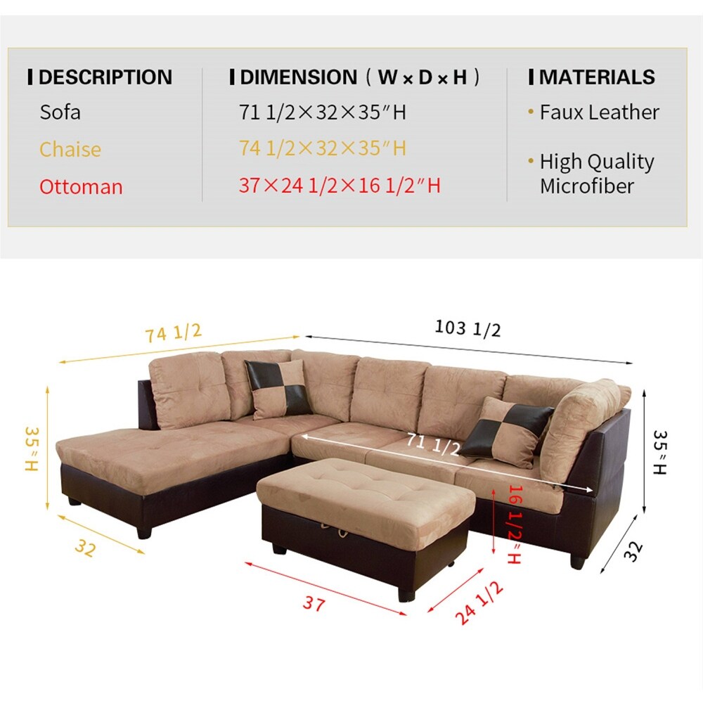 3 Pieces Sectional Sofa Set Left Facing Beige Microfiber(103A)