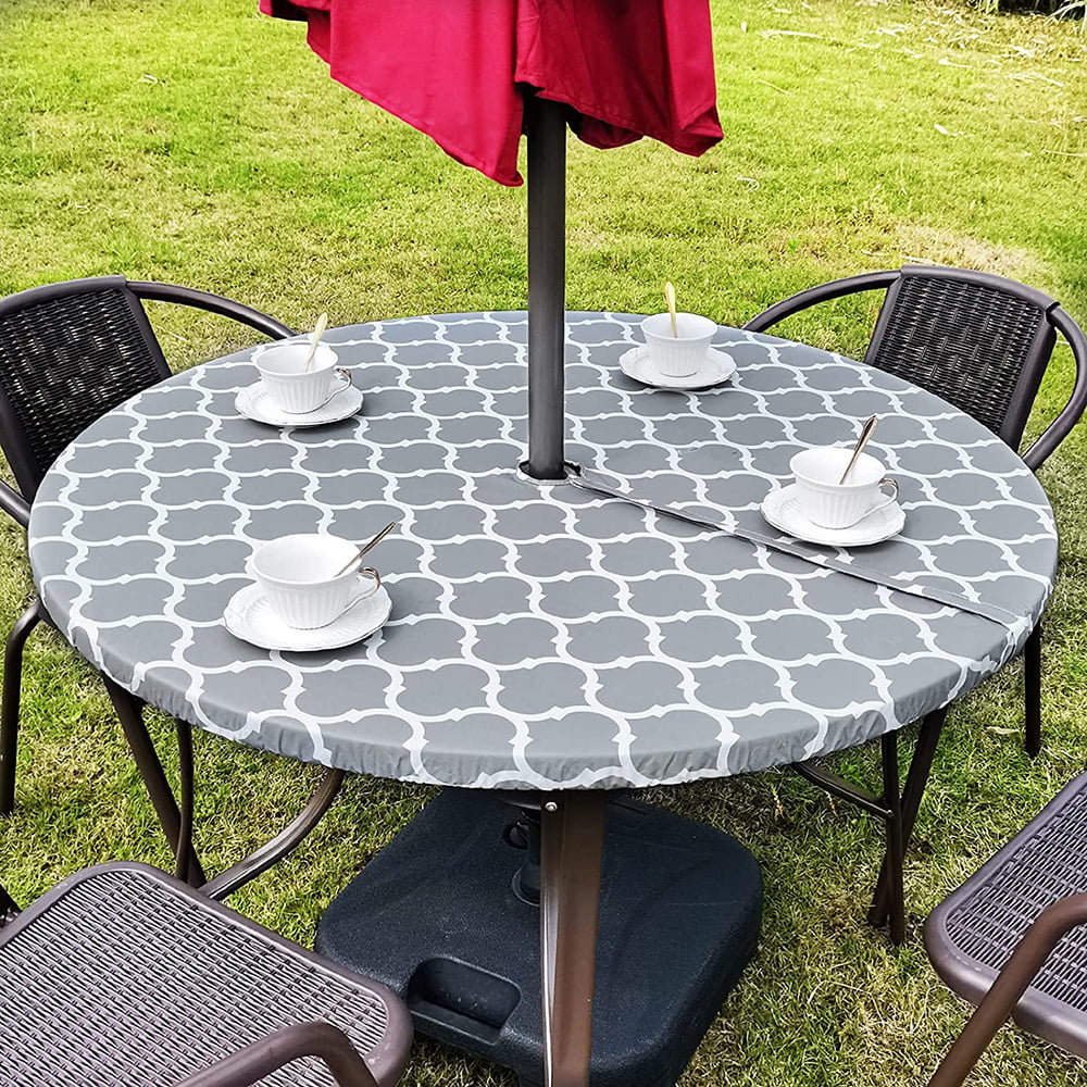 Vinyl Round Fitted Tablecloth With Umbrella Hole Table Cover With Flannel Backing Oil&Waterproof Wipeable Vibrant Colors Elastic Edge Table Cover - Grey Morocco 36-44"