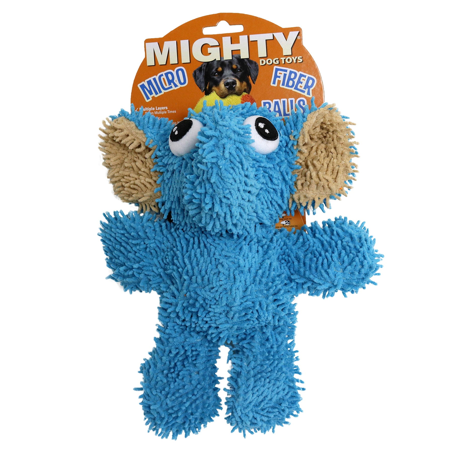 Mighty Microfiber Ball Elephant Dog Toy， Made with Squeaker Balls， Minimal Stuffing， Blue