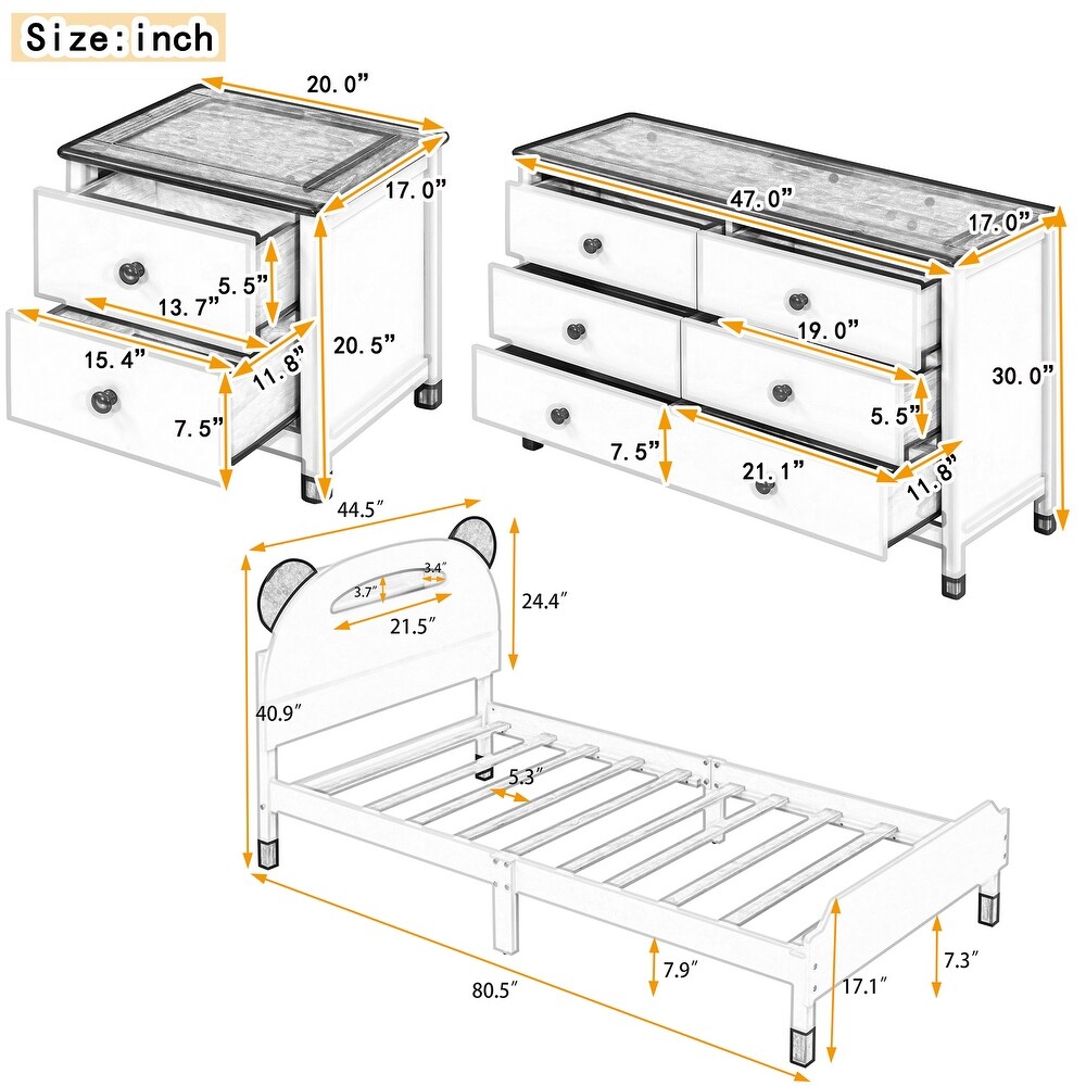 3 Pieces Bedroom Sets Twin Size Bear Shape Platform Bed with Nightstand and Storage dresser