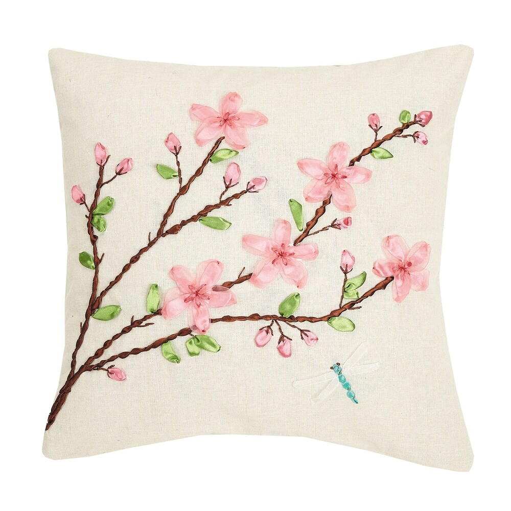 Cherry Blossom Ribbon Embroidered Pillow