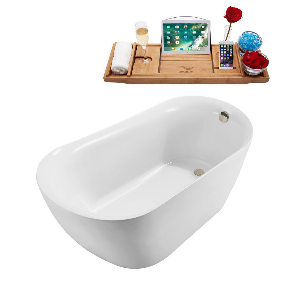 Streamline 59 in. Acrylic Flatbottom Non-Whirlpool Bathtub in Glossy White with Brushed Nickel Drain and Overflow Cover N280BNK