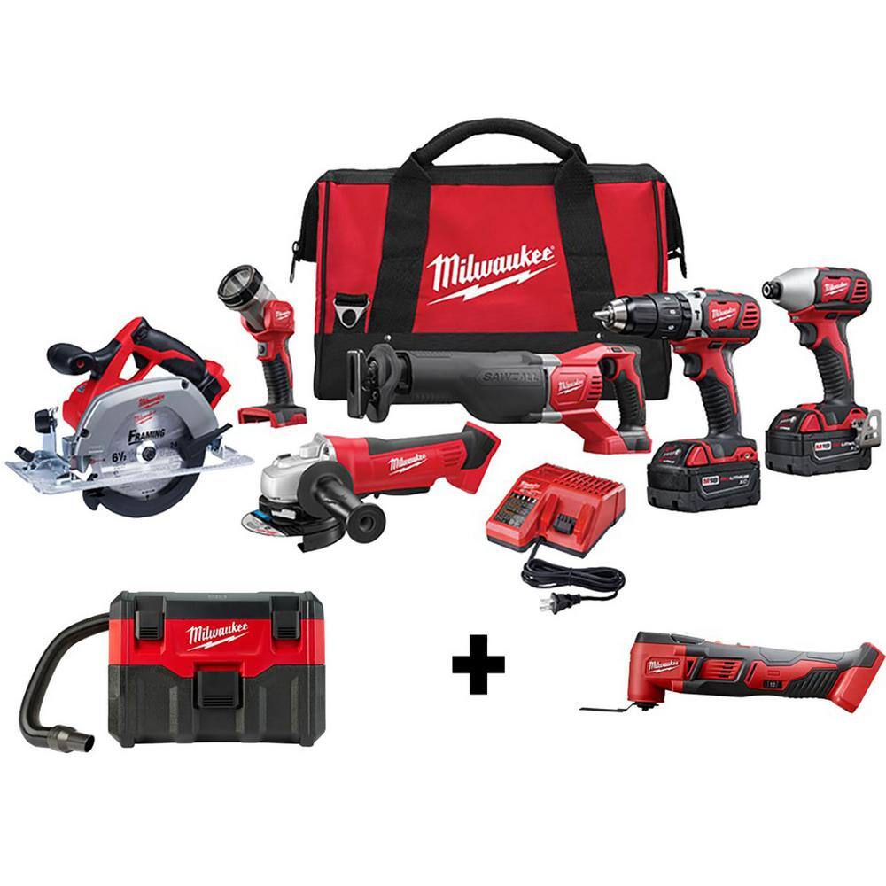 MW M18 18V Lithium-Ion Cordless Combo Tool Kit (6-Tool) with M18 WetDry Vacuum and Multi-Tool 2696-26-0880-20-2626-20