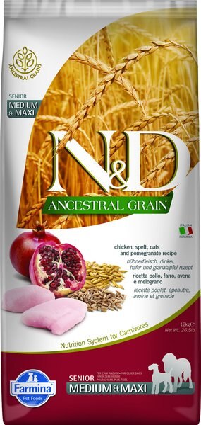 Farmina NandD Ancestral Grain Chicken and Pomegranate Recipe Senior Medium and Maxi Dry Dog Food， 26.4-lb bag