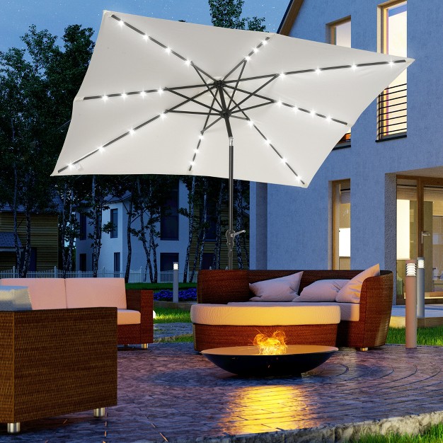 Outsunny 9 x27 X 7 x27 Patio Umbrella Outdoor Table Market Umbrella With Crank Solar Led Lights 45 Tilt Push button Operation For Deck Backyard Pool And Lawn