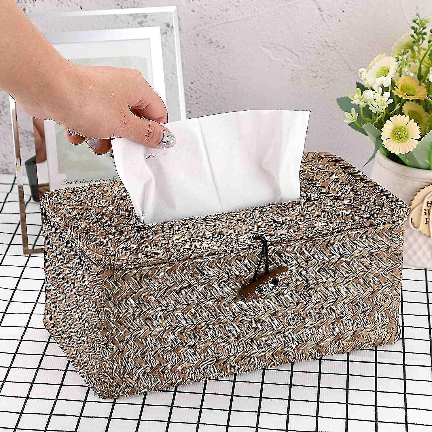 Rectangular Woven Tissue Box Holder， Decorative Napkin Holder， Pumping Paper Case Dispenser， Face Bo