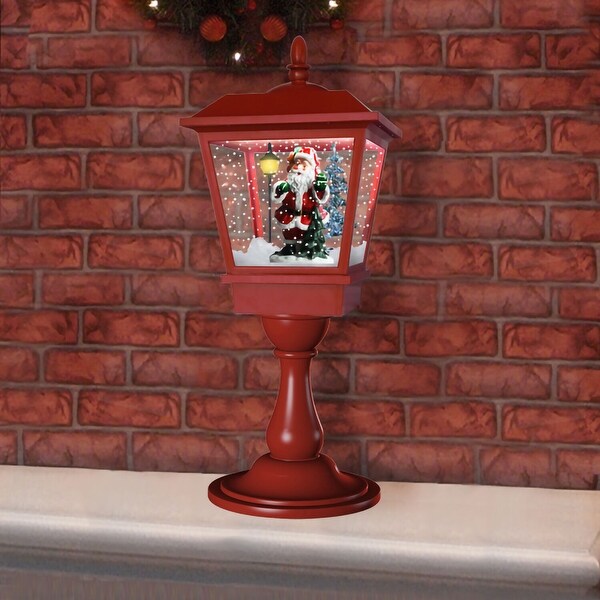 Christmas Time 25In. Tabletop Musical Snowy Lantern with Santa Scene，Cascading Snow，and Christmas Carols，Red