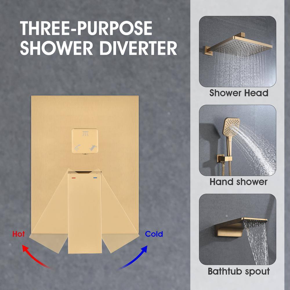 Tahanbath 3-Spray Wall Mounted Dual Shower Head and Handheld Shower Head in Brushed Gold X-W1219-W83536