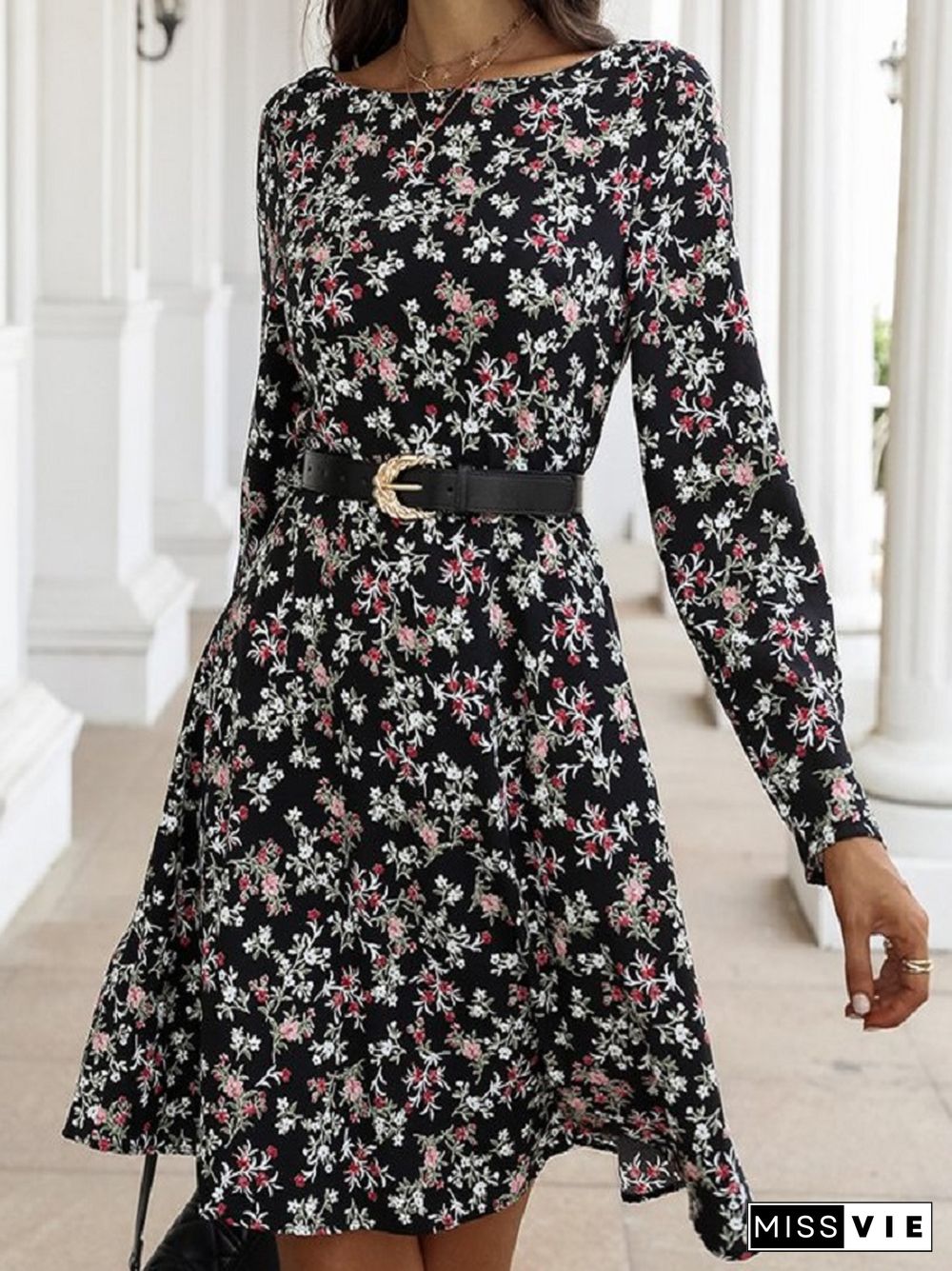 Temperament Commuter Word Collar Floral Dress Black Dresses