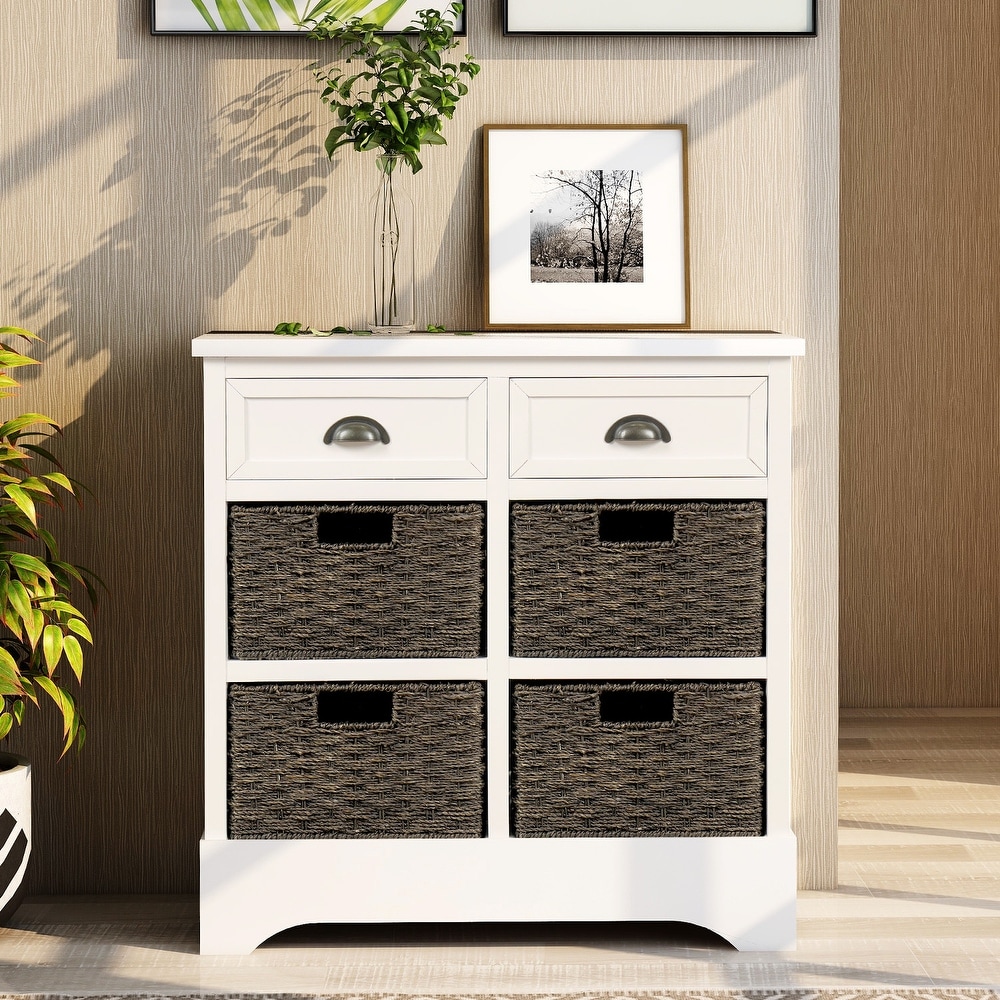 Rustic Storage Cabinet Sideboard with Two Drawers and Four Classic Rattan Basket for Dining Room/Living Room