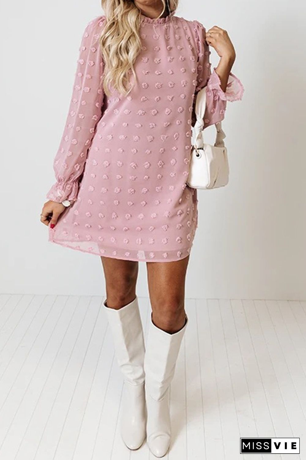 Sweet Chiffon Jacquard Bubble Long Sleeves Mini Dress Wholesale