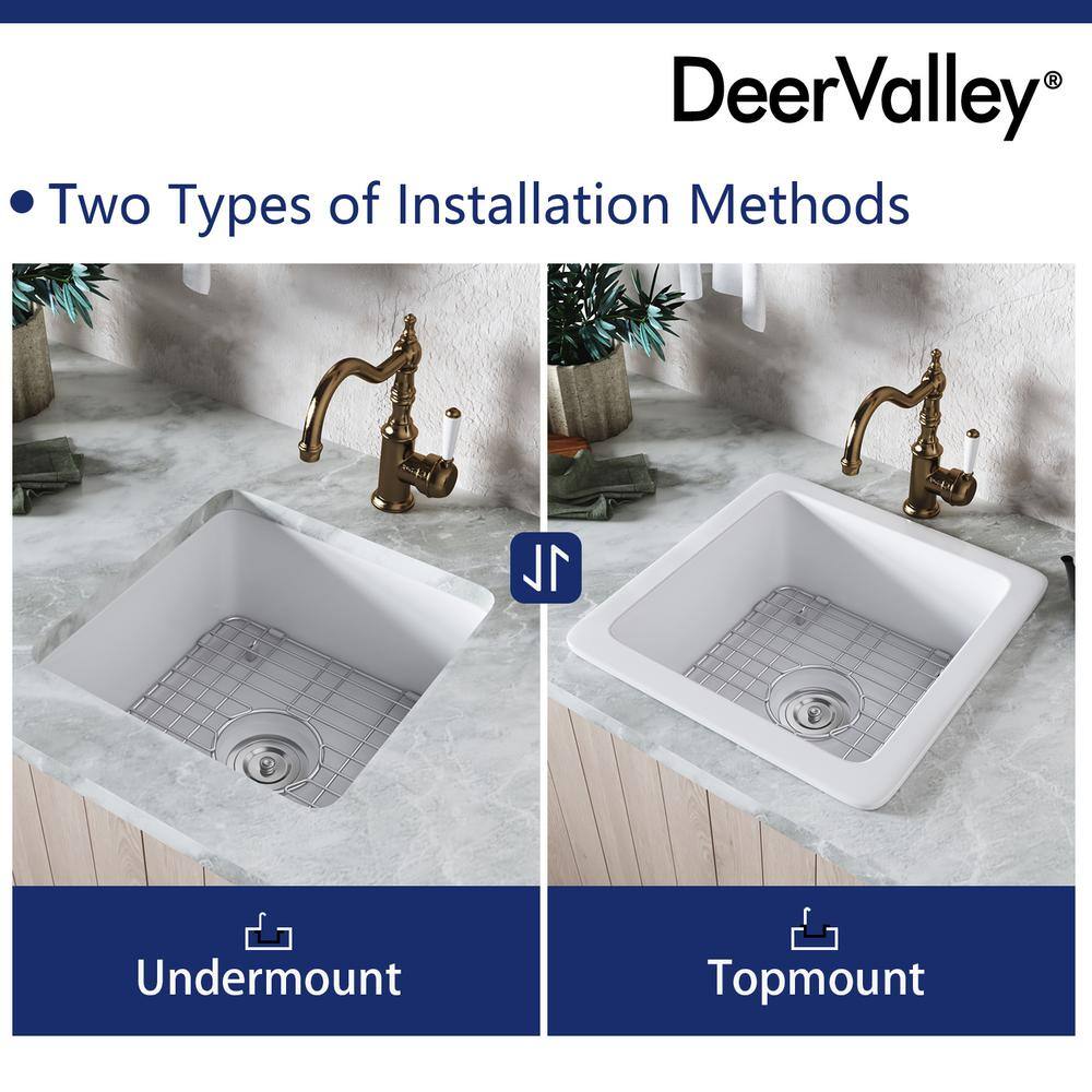 DEERVALLEY DeerValley Haven White Fireclay Square 19 in. Single Bowl Undermount Kitchen Sink with Bottom Grid and Basket Strainer DV-1K507