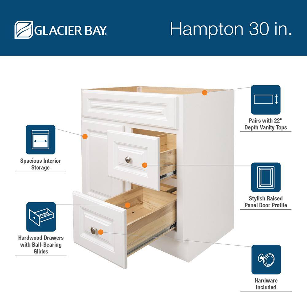 Glacier Bay Hampton 30 in. W x 21 in. D x 33.5 in. H Bath Vanity Cabinet without Top in White HWH30D