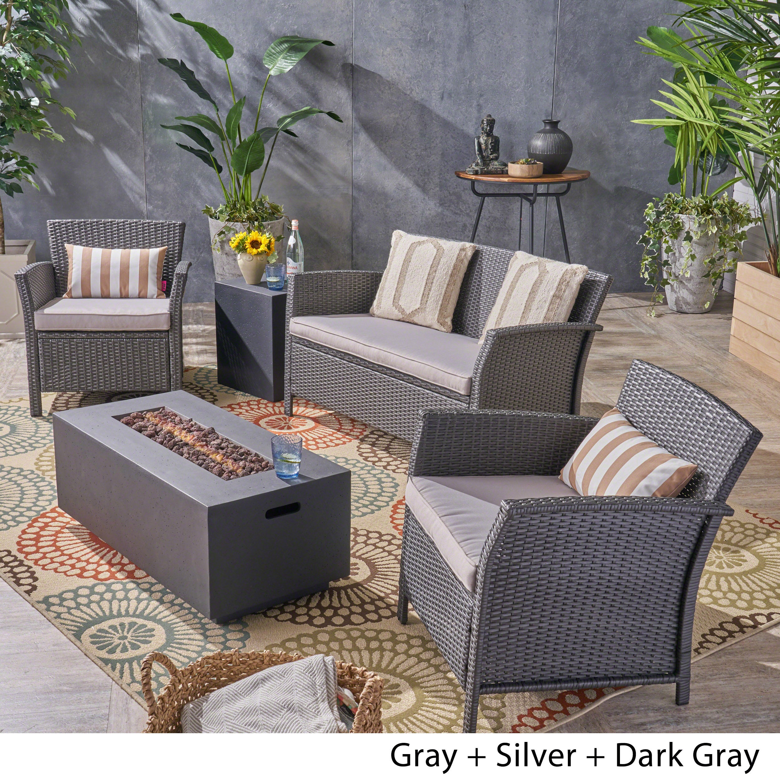 Laiah Outdoor 4 Seater Wicker Chat Set with Fire Pit