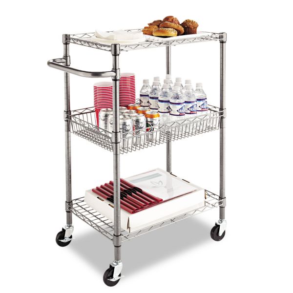 Alera Three-Tier Wire Cart with Basket， Metal， 2 Shelves， 1 Bin， 500 lb Capacity， 28