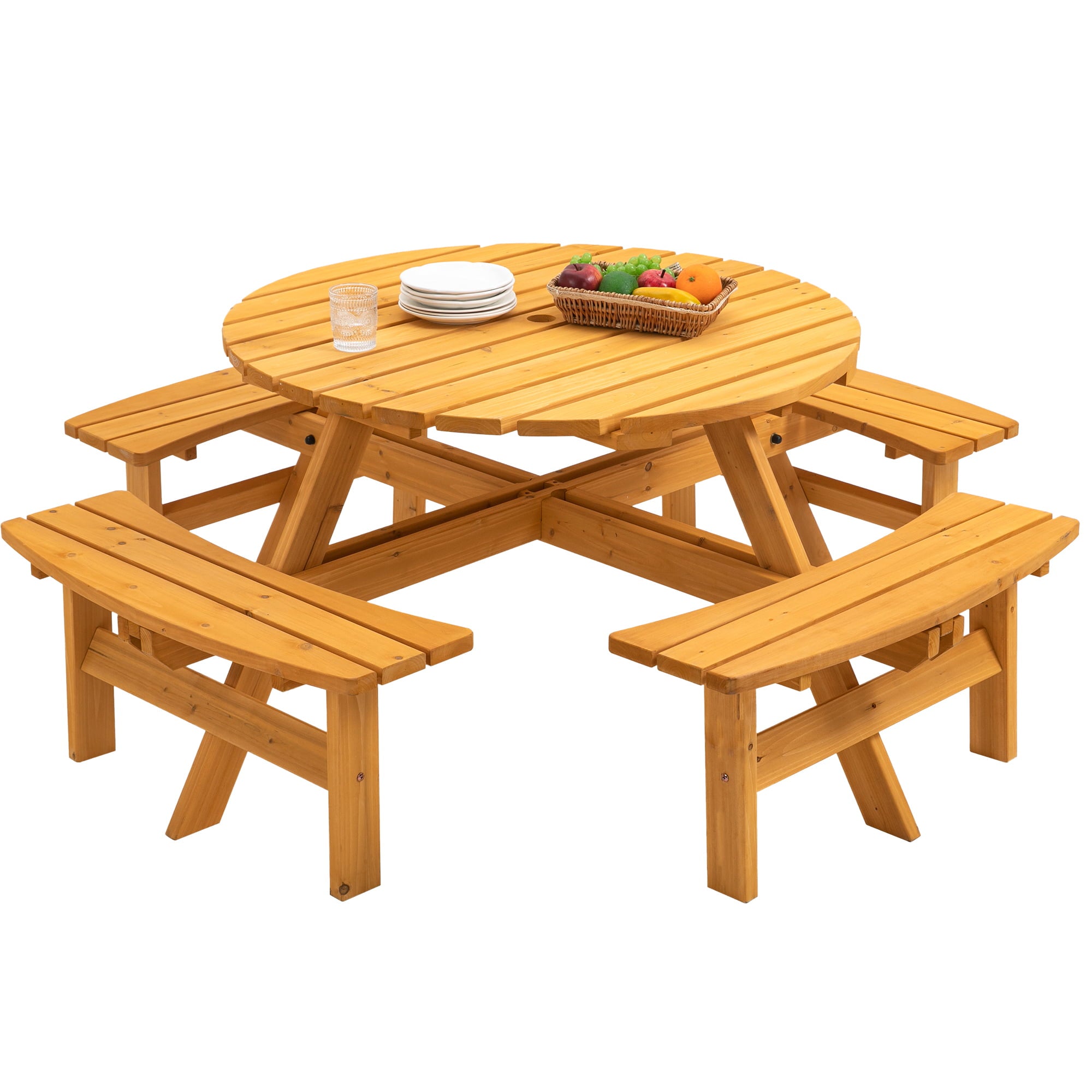 Walkfairy 8-Person Circular Outdoor Wooden Picnic Table w/ 4 Built-In Benches， 2220lb Capacity - Natural