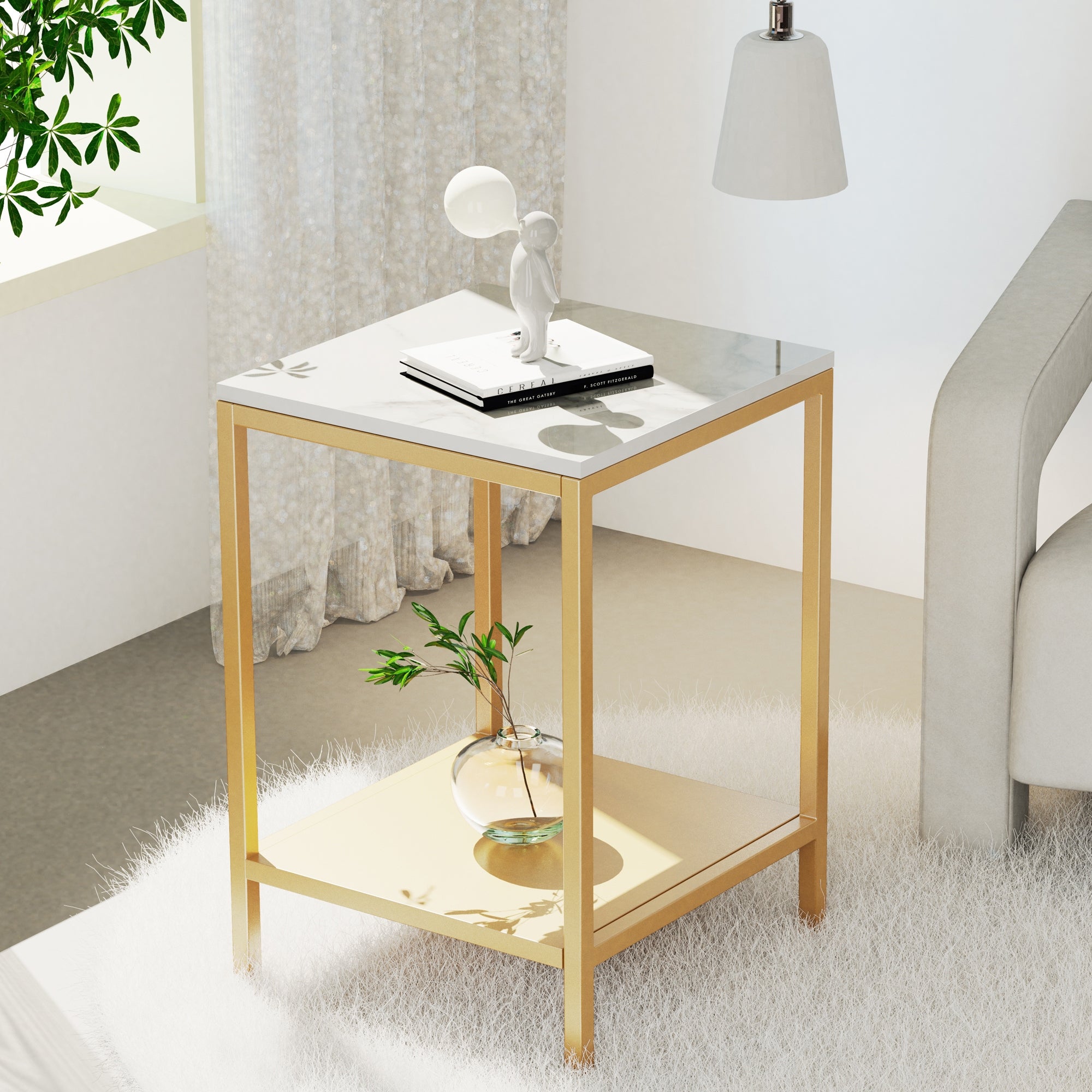 2-Tier Square End Table with Marble Top