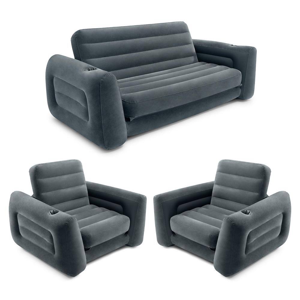 Intex Queen Size Inflatable Pull-Out Sofa Bed Couch and Chair Sleeper Dark Gray 66552EP + 2 x 66551EP