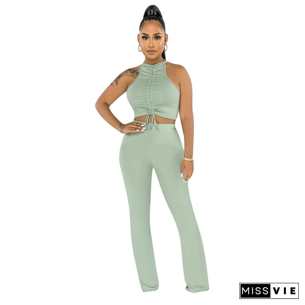 Solid Bandage Sleeveless Crop Top Flare Pants Set