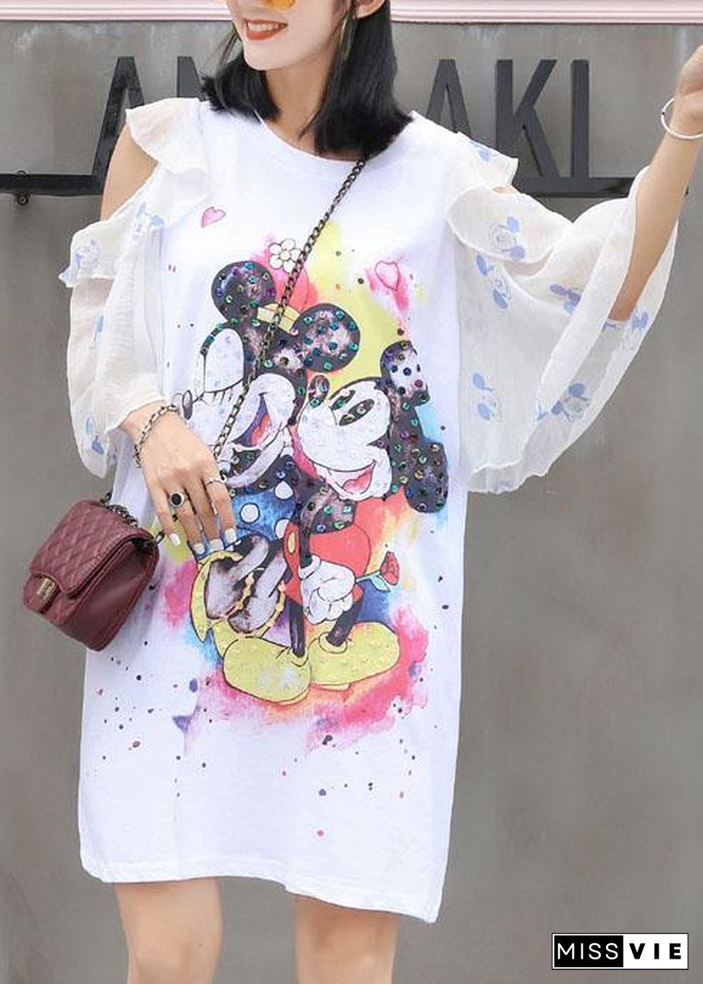 Chic white prints Cotton quilting clothes flare sleeve Knee summer Dress