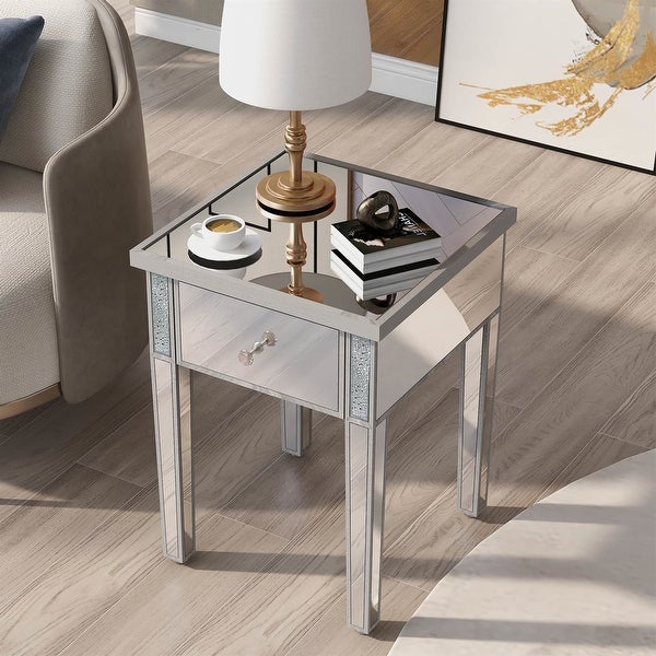 Silver Glass Mirrored End Table with Drawer and Adjustable Height Legs