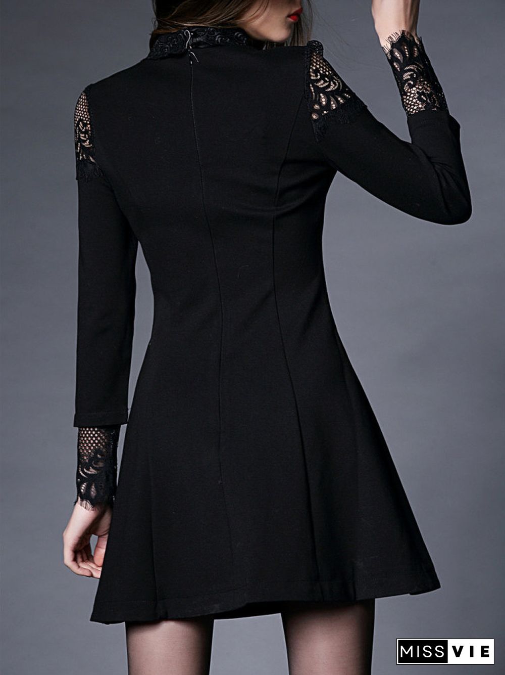 Elegant Lace Patchwork Black Slim Long Sleeve Zipper A-line Dress