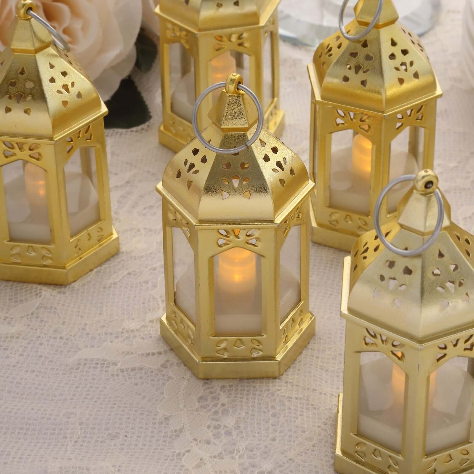 6 Pack Gold Vintage Mini Lantern with Flickering LED Tealight Candles, Moroccan Style Battery Operated Warm White Candle Lantern Lamp Centerpieces - 3.5