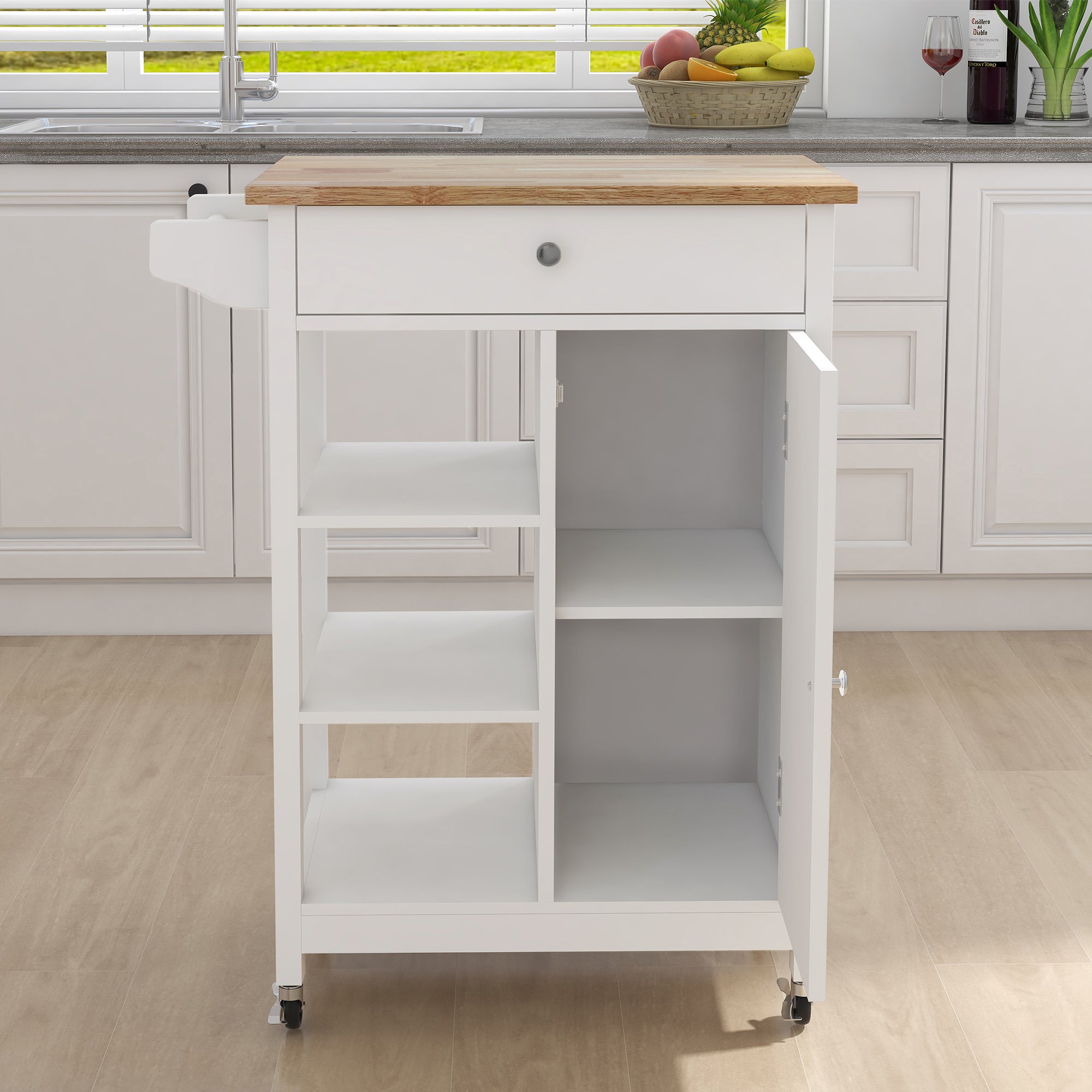 Kitchen Island Rolling Trolley Cart， Wood Kitchen Cart， Small， White