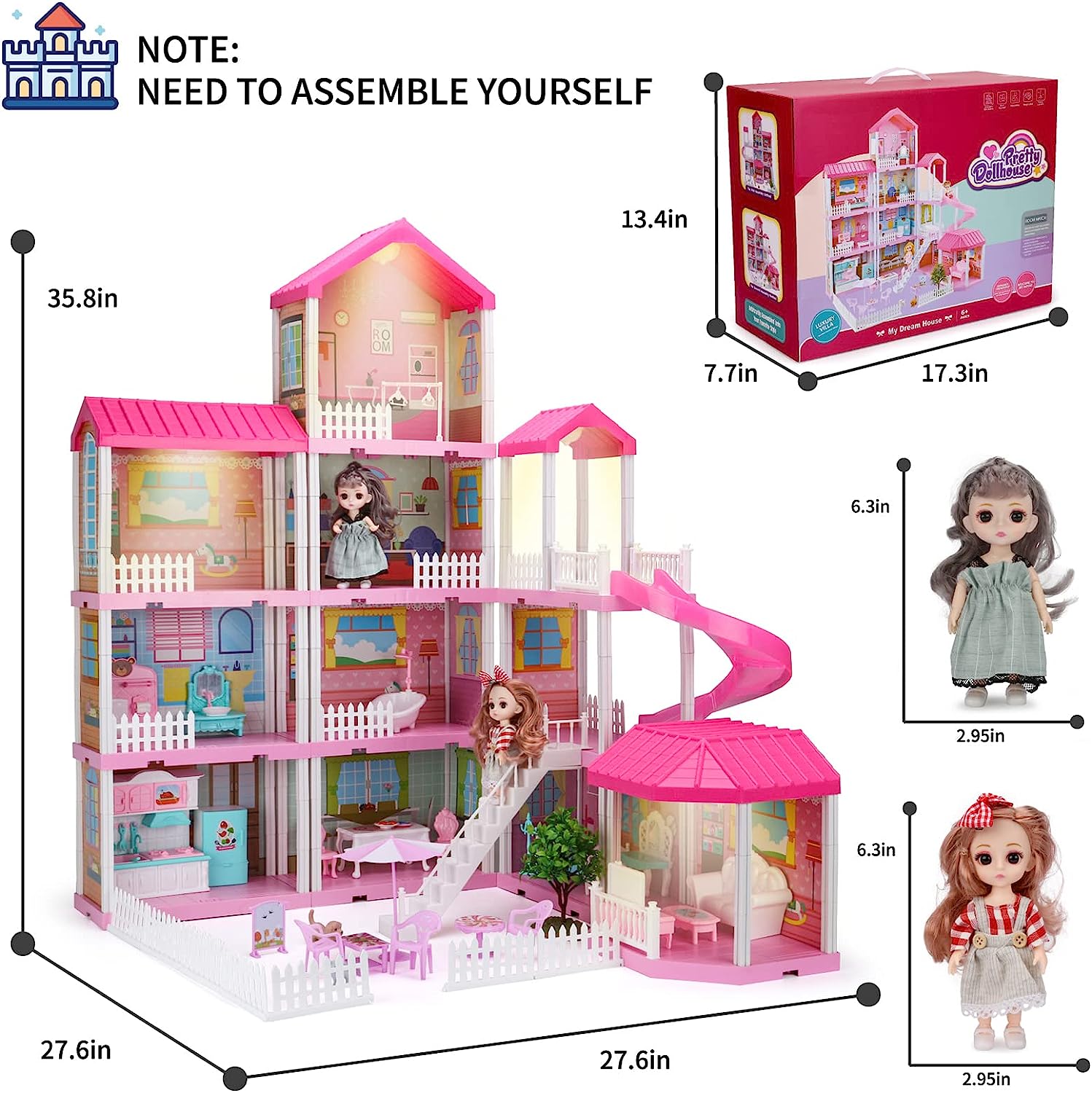 HCFJEH Dollhouse Play House for Girl， Doll House with Lights and Two Dolls and Furniture Accessories， Toddler DIY Princess House Playhouse Pretend Set Toy， Birthday Gift for 3 4 5 6 7 Year Old(11 Room)