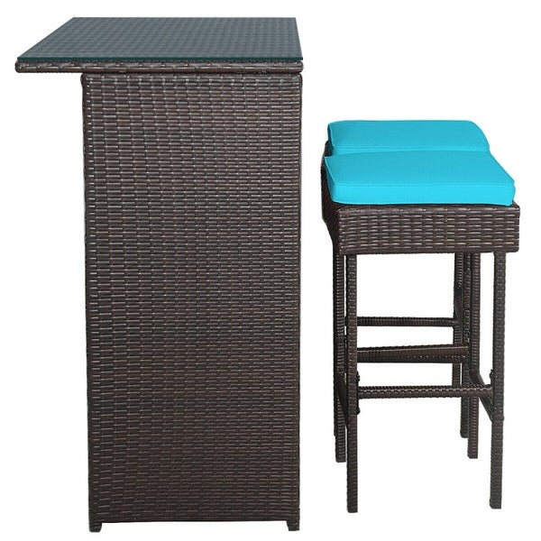 3-piece Rattan Wicker Bar Table Stools Dining Set Cushioned Chairs - 40