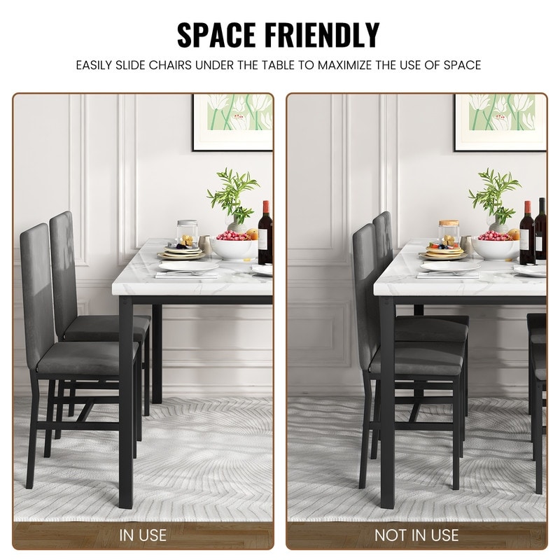 Grondin Modern Style Faux Marble Top 5 Piece Casual Dining Set with 4 Velvet Upholstered Dining Chairs