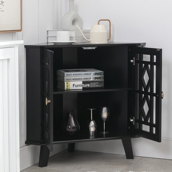 Corner Sideboard Cabinet with 2 Doors and 2-Tier Shelves Free-Standing Corner Storage Organizer