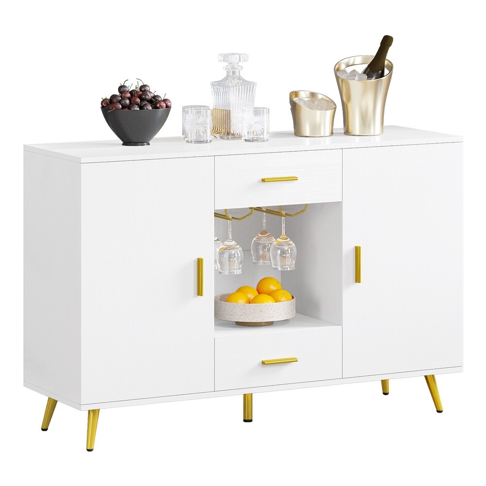 Modern Wood Buffet Cabinet Sideboard Buffet with Storage Adjustable Shelf Wine Glass Holder