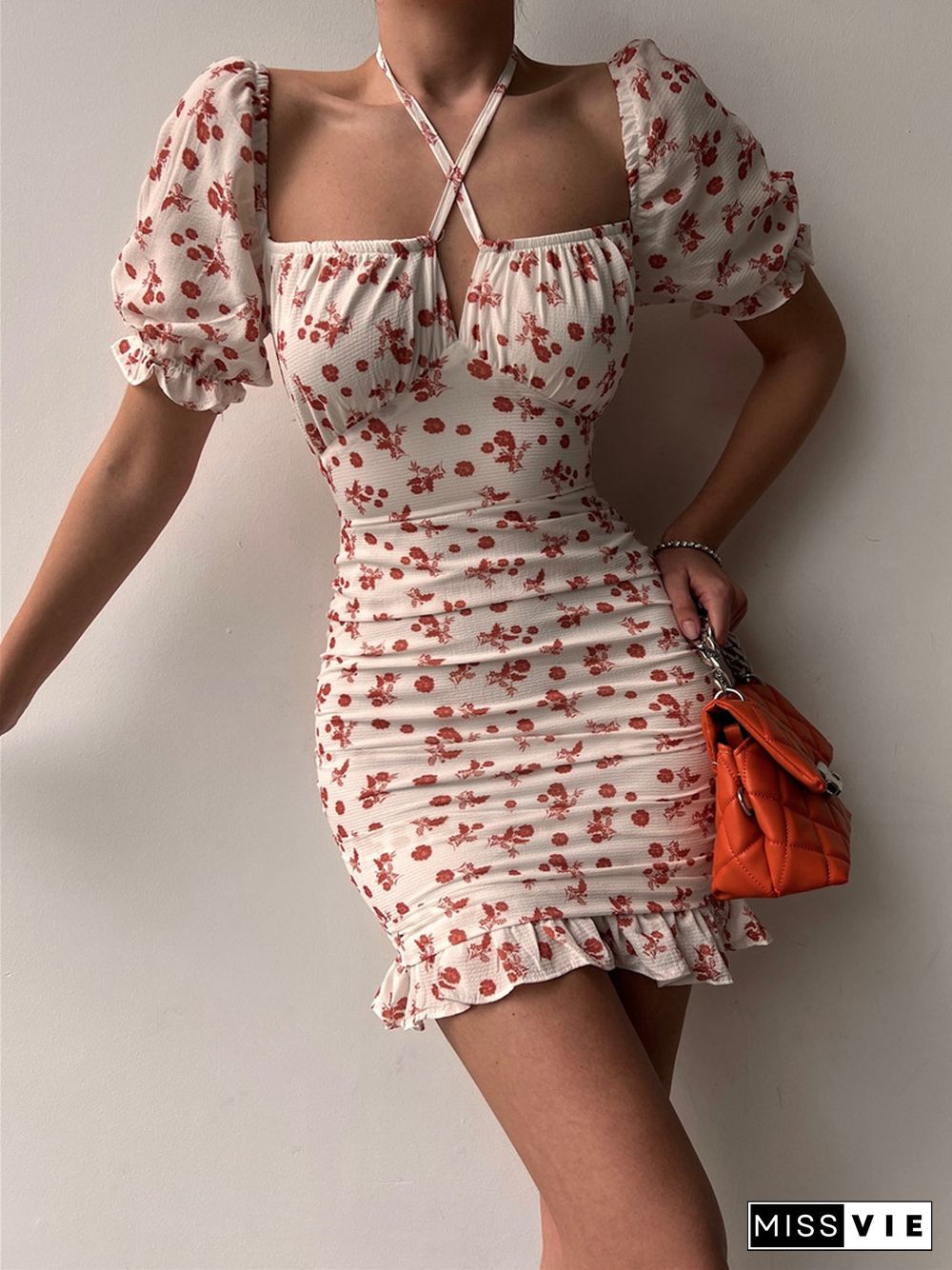 Elegant Floral Print Dress For Women Summer Dresses New Waist Lace-up Zip Pleate Ruffle Hem Slim Skinny Pack Hip Mini Dress